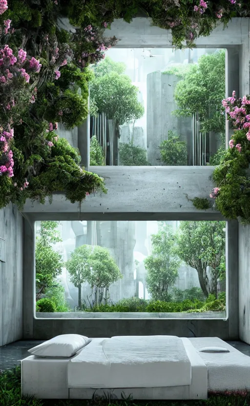 Prompt: highly detailed villa garden natural beautiful light interior soft cinematic composition of a biophilic concrete nebula fluid white magnolias surreal scifi architecture cyberpunk giger minimalist landscape, furniture, trees, grass, bed of flowers, water, marble, vincent callebaut composition, 8 k, unreal engine, hdr