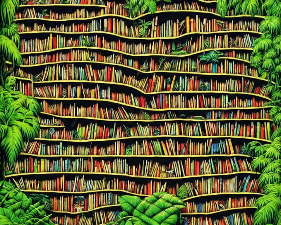 Prompt: a bookshelf in the rainforest by banksy. detailed, proportional, romantic, enchanting, achingly beautiful, graphic print, trending on artstation, jungle, tropical, foliage