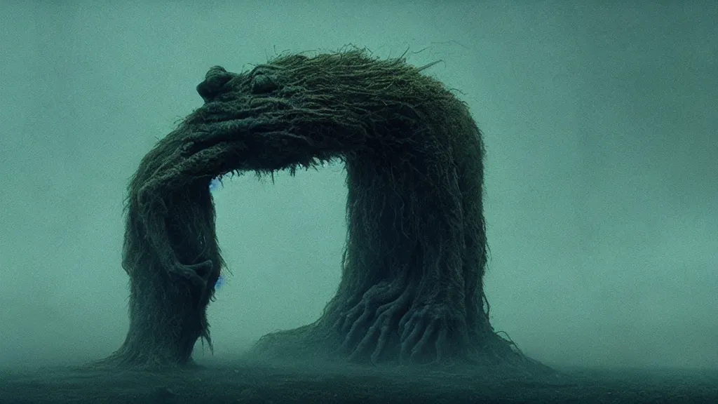 Image similar to the insane creature with one eye, film still from the movie directed by denis villeneuve and david cronenberg with art direction by zdzisław beksinski and dr. seuss