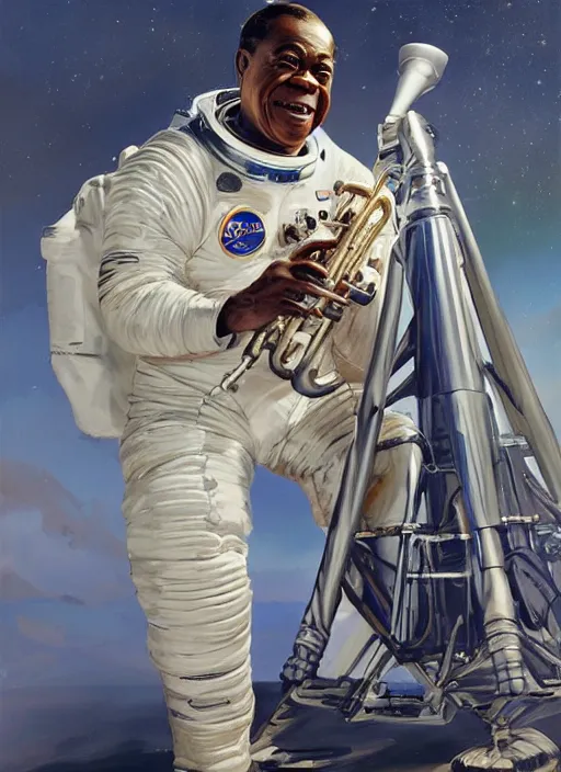 Prompt: a portrait of louis armstrong wearing a space suit on the moon, ( ( ( ( ( trumpet ) ) ) ) ), by greg manchess and john singer sargent and jonathan yeo, dramatic lighting, highly detailed digital painting