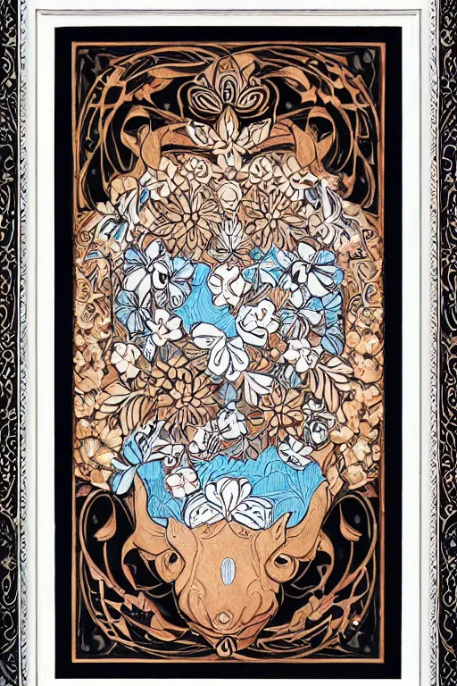 Image similar to Painted dark-wood panel relief carving of a close up of a Flowerpunk Piglet, White and pale blue toned, ornate border frame, explosion of colorful flowers, dark wood, intricately carved, black ink, festival of rich colors, intricate details, cinematic lighting, volumetric lighting, post-processing, art nouveau, tarot, fractal art, mandala, by andreas rocha and john howe, and Martin Johnson Heade, featured on artstation, featured on behance, golden ratio, hyper detailed, photorealistic, epic composition, center spotlight, f32, well composed, symmetrical, UE5, 8k