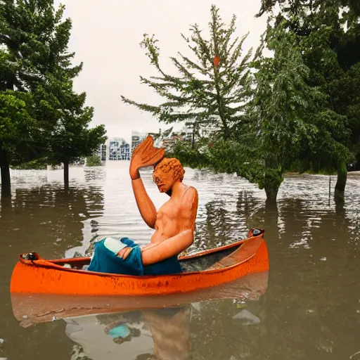 Prompt: roman statue with anime boyfriend on canoe in flooded vancouver ruins, foreshortening photography, ghibli style, cinematic