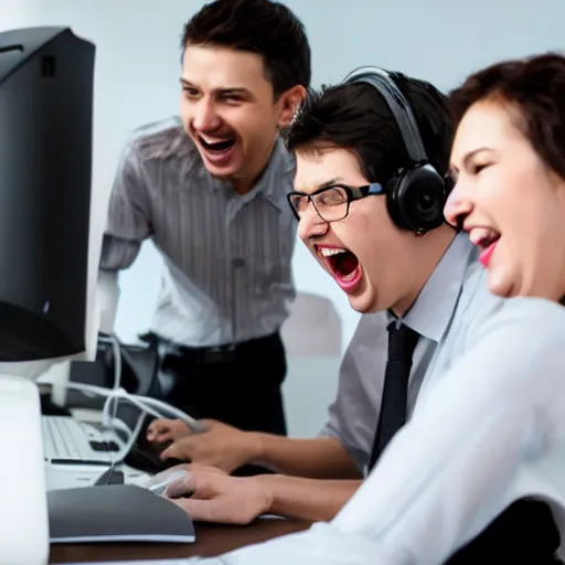 Prompt: young office workers playing around computers and laughing comic