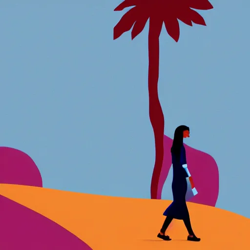 Image similar to woman walking with backdrop showing the sky, palm trees. the tiger has sharp claws and teeth. in minimal colourful geometric illustration style digital painting