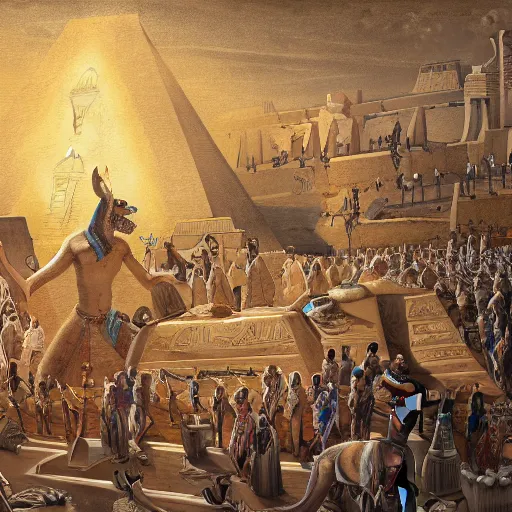 Image similar to a detailed painting of the Egyptian book of the dead, depicting the god of the underworld Anubis, trending on artstation cgsociety, 8k, highly detailed, masterpiece.