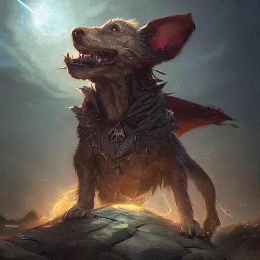 Image similar to Anthropomorphized Dog casting epic spell, magic the gathering artwork, D&D, fantasy, cinematic lighting, centered, symmetrical, highly detailed, digital painting, artstation, concept art, smooth, sharp focus, illustration, volumetric lighting, epic Composition, 8k, art by Akihiko Yoshida and Greg Rutkowski and Craig Mullins, heroic pose, oil painting, cgsociety, magic lab background