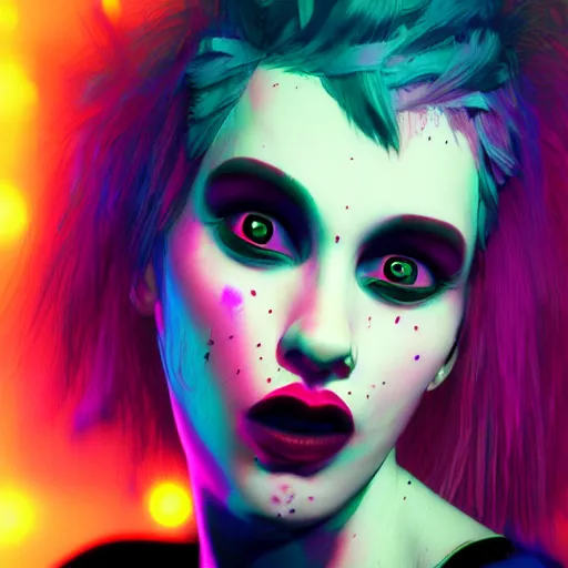 Image similar to punk women portrait made out of paint, short hair, octane render, highly detailed, realistic, tim burton and bob ross comic book art, matte painting, holographic, trending on artstation, cinematic, splashes of neon, sacred geometry in the background