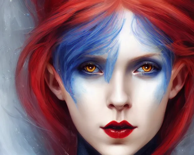 Image similar to A detailed matte oil on canvas head on symmetrical portrait of a distinguished elven woman with red and blue hair on an empty background, by Charlie bowater, Lise Deharme, Wlop, trending on artstationhd, dungeons and dragons art, parted hair , half blue, half red , split dye, critical role