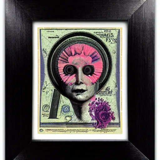 Image similar to post - punk new age album cover, asymmetrical design, frame of a dollar bank notes, capitalism, magic, apocalypse, psychedelic, black white pink, magic, giger h. r., giuseppe arcimboldo