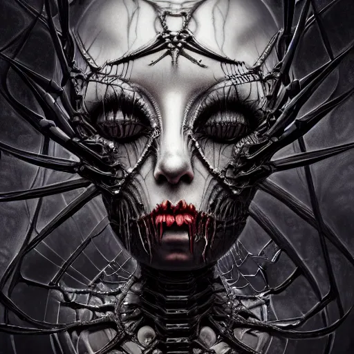 Image similar to goth dark fractal spider giger, hyper detailed, digital art, trending in artstation, cinematic lighting, studio quality, smooth render, unreal engine 5 rendered, octane rendered, art style by klimt and nixeu and ian sprigger and wlop and krenz cushart.