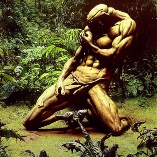 Prompt: giant stolen statue of libertys head is abandoned lying sideways on the ground of the mystic jungle.by frazetta