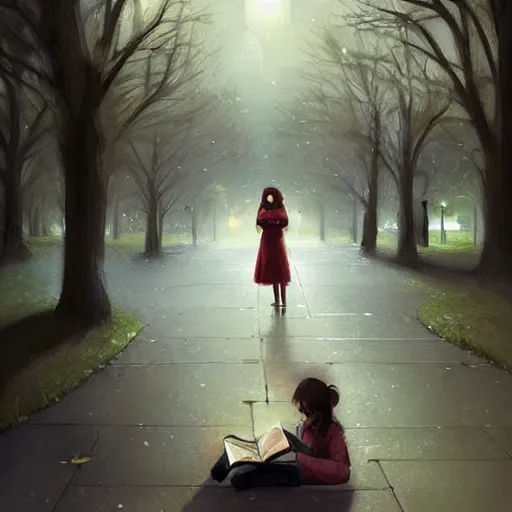 Image similar to a girl reading a book, city park, street lighting, greg rutkowski, digital painting