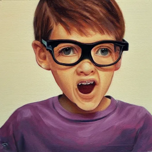 Prompt: a peanut with human features, nerdy glasses and strange expression, realistic painting