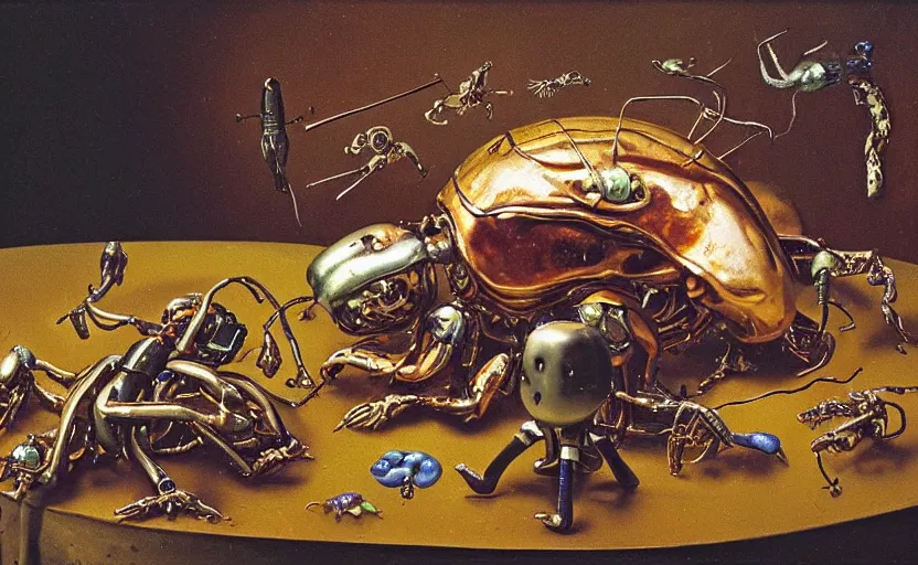 Image similar to strange robot body, disturbing colorful oil painting dutch golden age vanitas still life sparse composition with bizarre objects strange gooey transparent surfaces shiny metal reflections bizarre mutant meat insects rachel ruysch dali todd schorr very detailed perfect composition rule of thirds masterpiece canon 5 0 mm, cinematic lighting, photography, retro, film, kodachrome