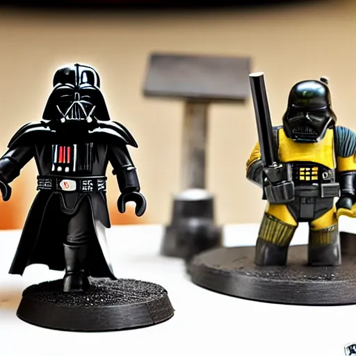 Prompt: Darth Vader painstakingly paints Warhammer 40,000 space marine minifigures at a table with a bright lamp, realism, depth of field, focus on darth vader,