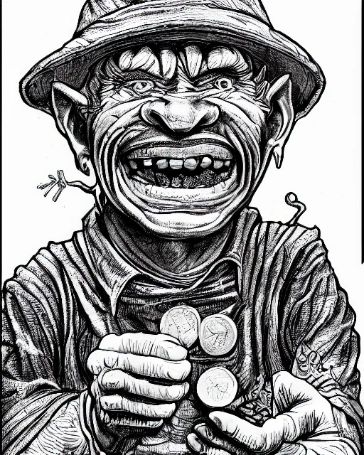 Prompt: pen and ink drawing of a goblin merchant smiling holding out his palm to show gold coins, by steve jackson and ian livingstone, highly detailed
