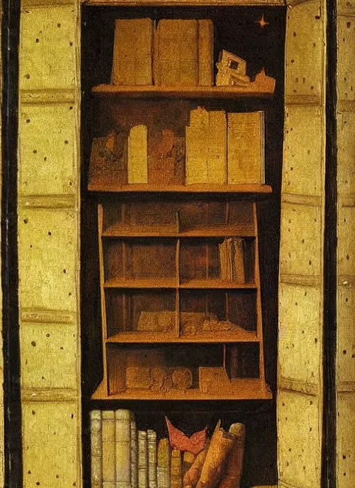 Image similar to bookshelf with books and children toys, medieval painting by jan van eyck, johannes vermeer, florence