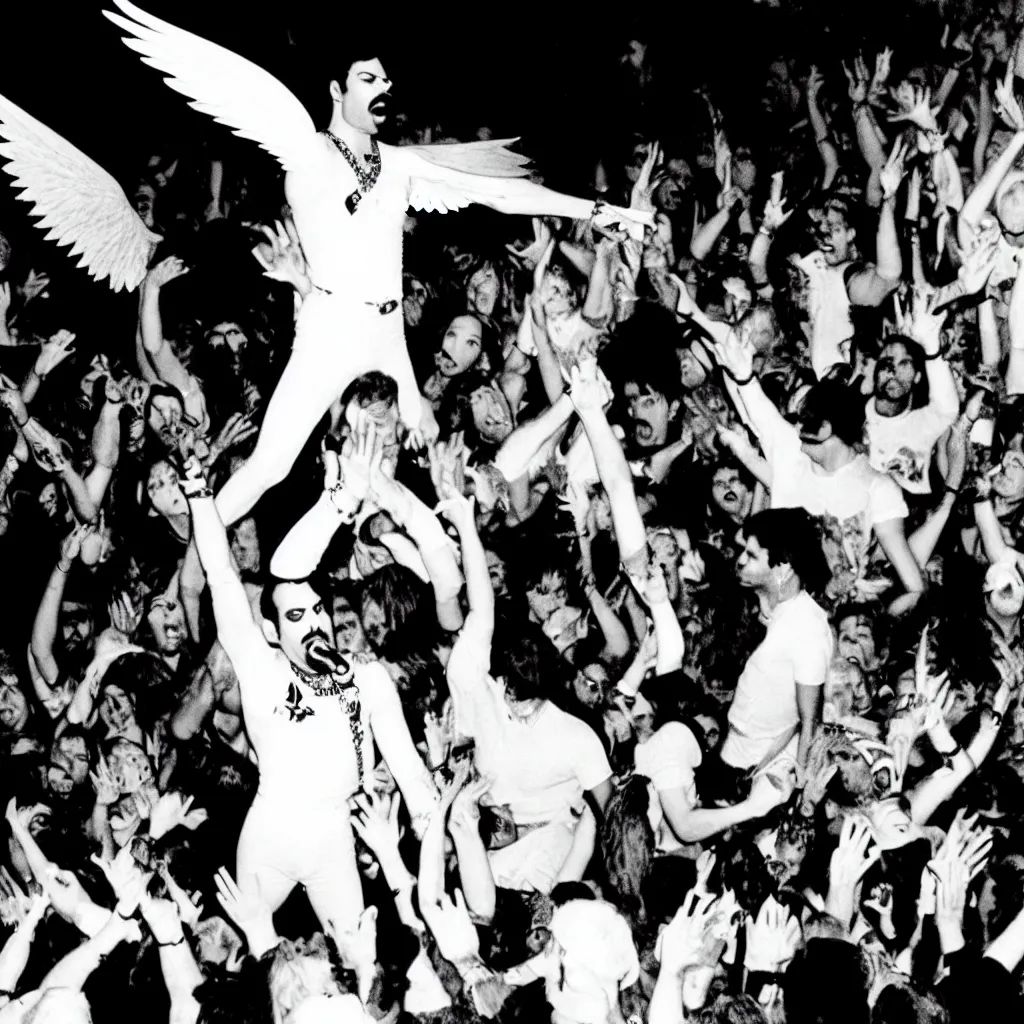 Image similar to freddie mercury singing at a death metal punk concert. mosh pit, elaborate clothing, violent rock concert yellow and white clothing, huge angel wings - s 1 5 0