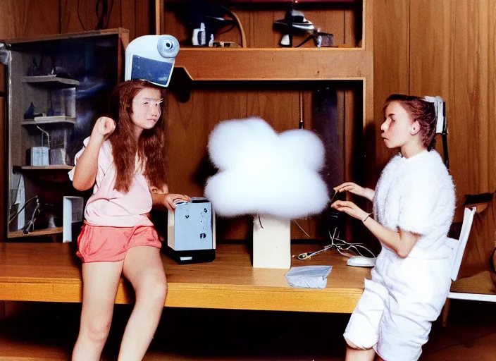 Image similar to realistic photo of a three young female birdman wearing white shorts, watching at a levitating fluffy furry cloud, in a living room sci - fi laboratory with many wooden gadgets made of wood interior is made of wood 1 9 9 0, life magazine reportage photo, natural colors