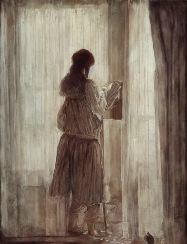 Prompt: peasant girl in a morning in country house, cottage core, cinematic focus, polaroid photo bleached vintage pastel colors high - key lighting, soft lights, foggy, by steve hanks, by lisa yuskavage, by serov valentin, by tarkovsky, detailed, oil on canvas