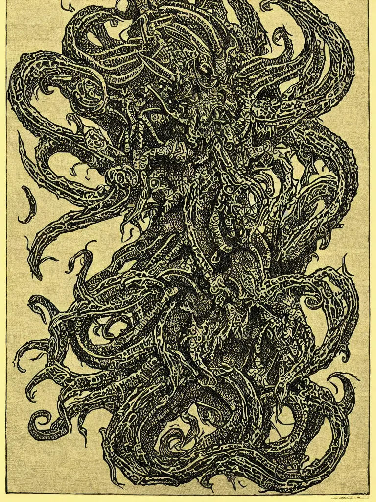 Prompt: old printmaking woodblock print of a intricately detailed tribute to the elder god cthulhu, beautiful dark fantasy, 8k detail