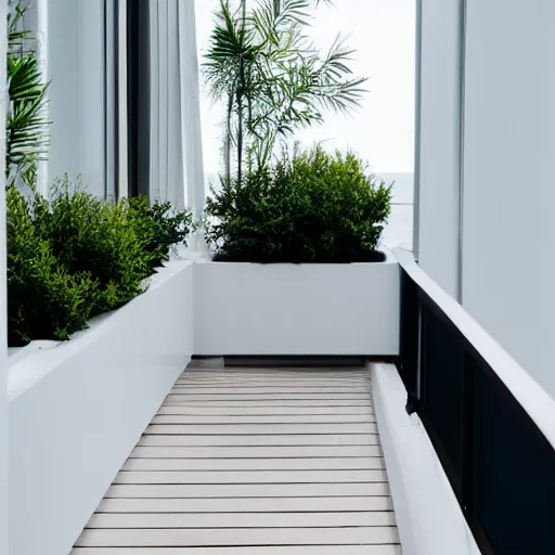 Prompt: zen minimalist clean modern white plant balcony, soft - light, cool, overlooking beach