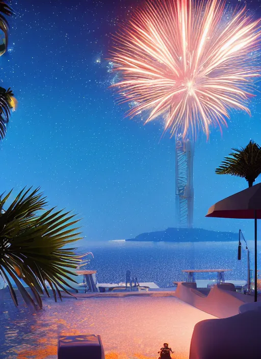 Image similar to 🌟🌜fireworks, Art Deco, in SANTORINI island, palm trees, crystal clear neon water, starry night, Trending artstation, octane render, cgsociety, surrealist, cinematic, shadow of the tomb rider