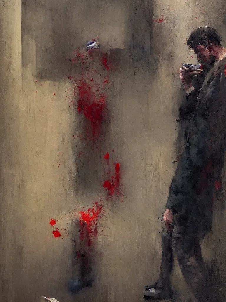 Image similar to a beautiful picture by alpay efe and christian hook of a man looking at his phone in a bathroom, color bleeding, brushstrokes by jeremy mann