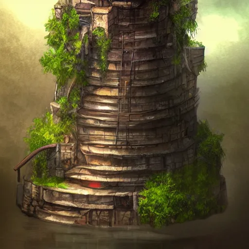 Prompt: wizard tower surrounded by a spiral staircase. Tower standing at the edge of a waterfall. Detailed gorgeous digital art, trending on artstation