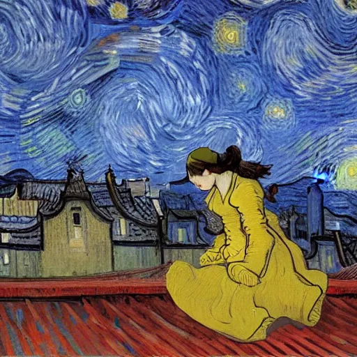 Image similar to a romantic girl on the roof of the house in rotterdam looks at the stars, in the windows yellow light, painting by wang gogh