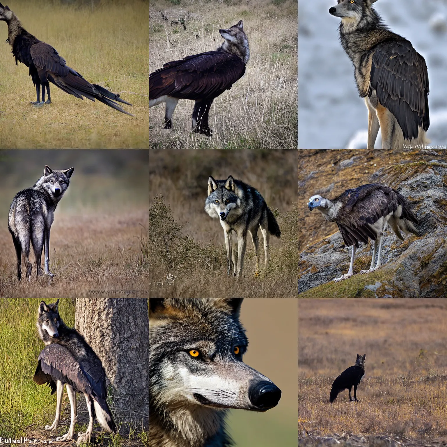 Prompt: a wolf-vulture, wildlife photography