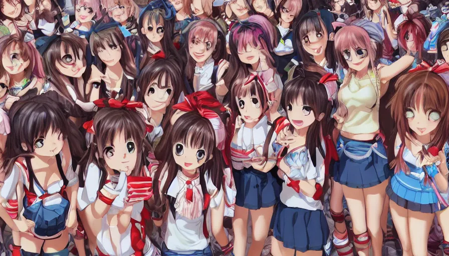 Image similar to waldo hiding amongst a group of cute anime girls in short miniskirts, lightly dressed, ultra detailed digital art, hyper real, detailed, closeup shot, ultra detailed