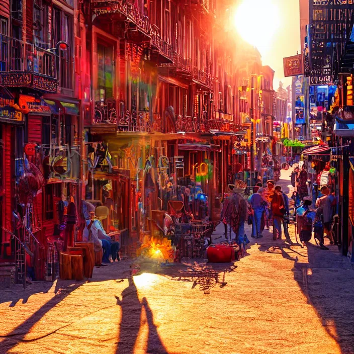 Prompt: a sunset light historical wild west village, duel between two cowboys, lots of sparkling details and sun ray's, blinding backlight, smoke, volumetric lighting, colorful, octane, 3 5 mm, saloon exterior, old town street, beautiful epic colored reflections, very colorful heavenly, softlight