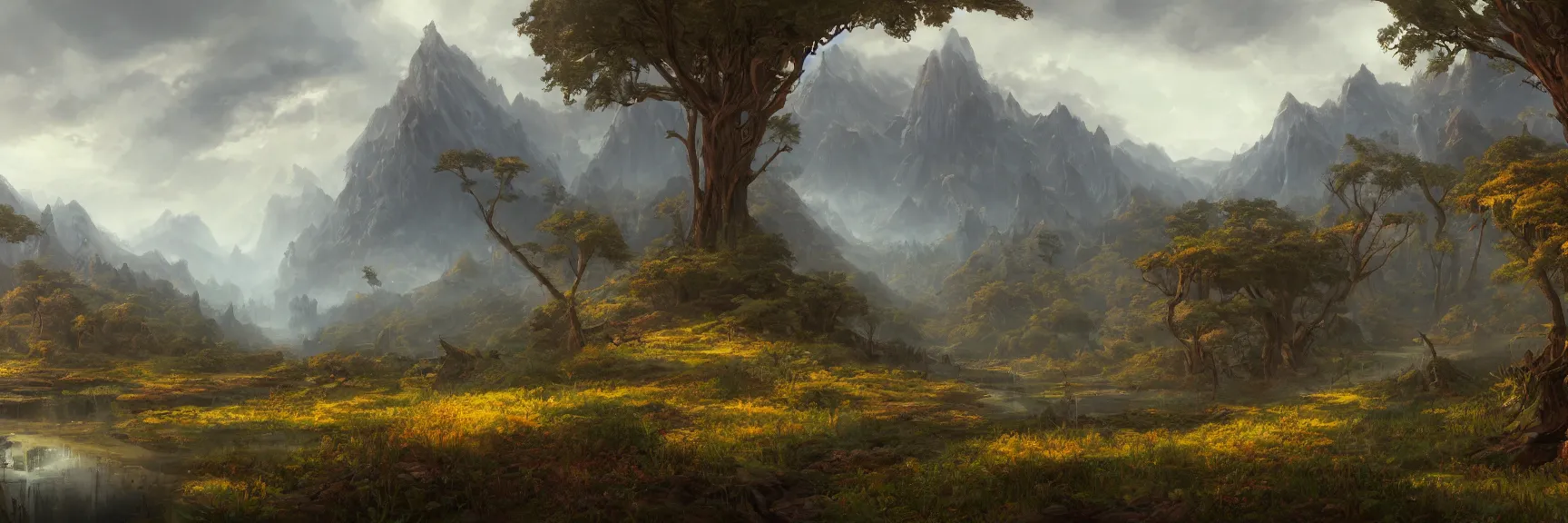 Image similar to a beautiful landscape fantasy landscape painting of a jund panorama. magic the gathering land art by asher brown durand and marc simonetti, trending on artstation hq 8k