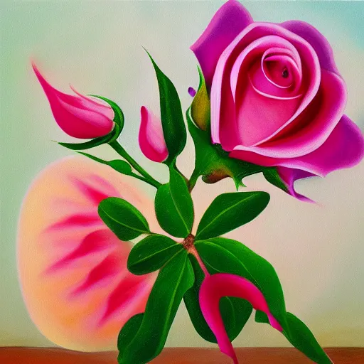 Prompt: squishy delicacy, sacred flower, pink roses, detailed oil painting by Georgia O’Keefe