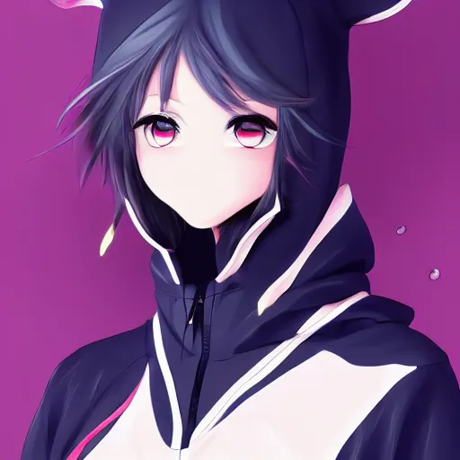 Prompt: advanced anime character art render, beautiful anime girl wearing a black orca skin hoodie outfit ,big blue watery eyes, mid shot , medium shot, Rossdraws, WLOP , Sakimimichan