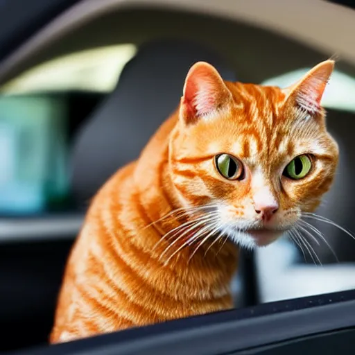 Prompt: an anthropomorphic orange tabby cat driving a car