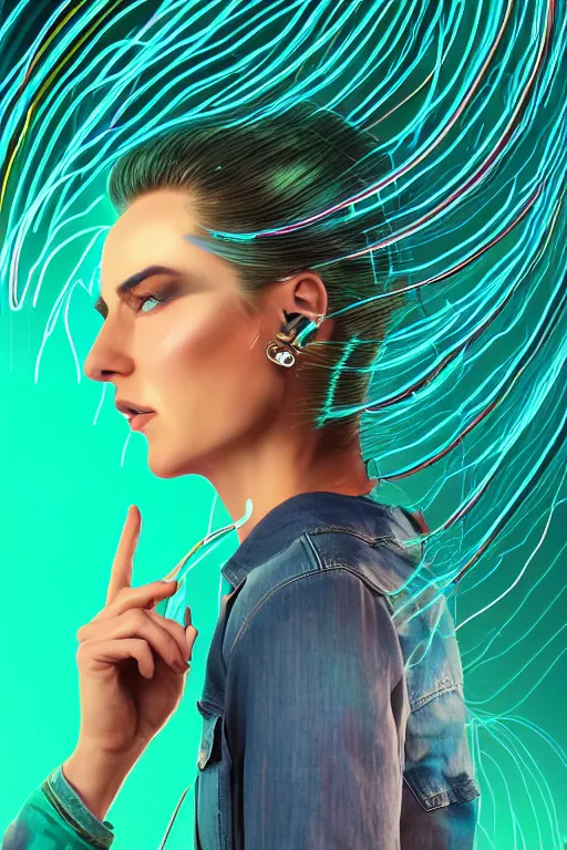 Image similar to a award winning half body portrait of a beautiful woman with stunning eyes in a croptop denim jacket and cargo pants with ombre green teal hairstyle head in motion and hair flying while dancing by thomas danthony, surrounded by whirling illuminated lines, outrun, vaporware, shaded flat illustration, digital art, trending on artstation, highly detailed, fine detail, intricate