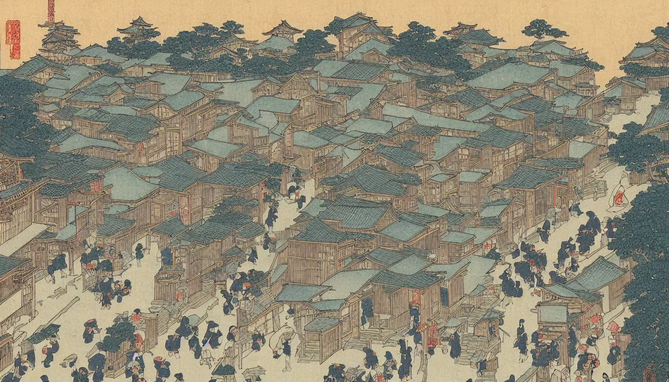 Prompt: old street scene in japan hokusai