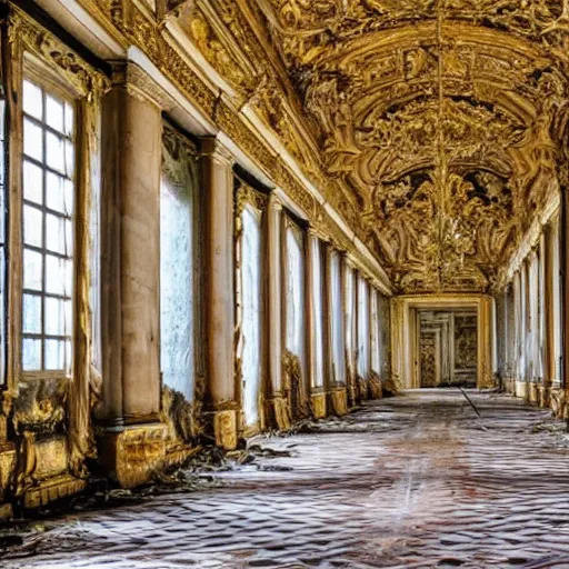 Image similar to inside opulent abandoned overgrown Palace of Versailles ,rich with epic details