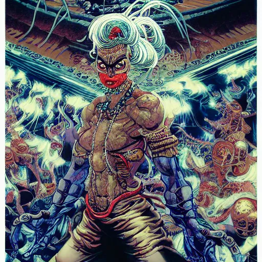 Prompt: portrait closeup of crazy dhalsim, symmetrical, cinematic colors, by yoichi hatakenaka, masamune shirow, josan gonzales and dan mumford, ayami kojima, takato yamamoto, barclay shaw, karol bak, yukito kishiro