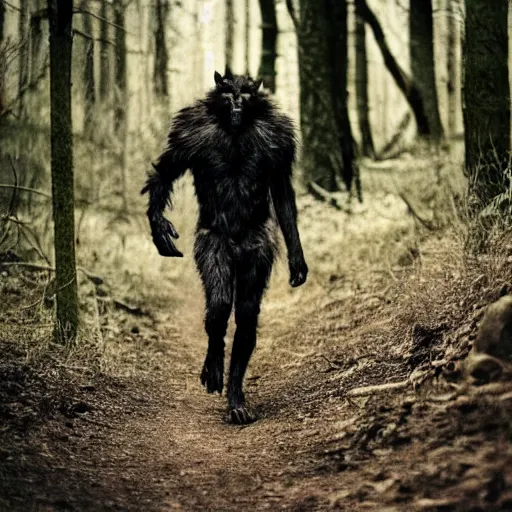 Image similar to werecreature consisting of a human and wolf, photograph captured in a forest