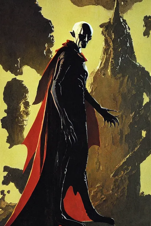 Image similar to pulp scifi fantasy illustration full body portrait of nosferatu wearing cape beside spaceman, by norman rockwell, jack kirby, bergey, craig mullins, ruan jia, jeremy mann, tom lovell, 5 0 s, astounding stories, fantasy