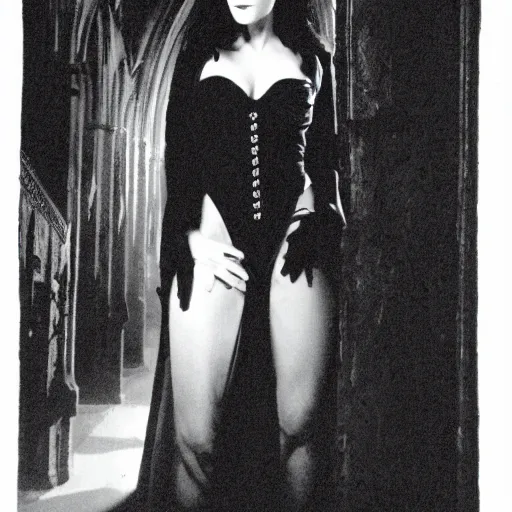 Image similar to jennifer connelly as a vampire showing her fangs in a gloomy gothic cathedral at night