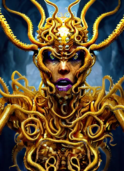 Prompt: a photo of 8 k ultra realistic angry corrupted lovecraftian royal golden humanoid queen, 8 intricate white and gold tentacles, face enhance, ornate white and gold armour, cinematic lighting, trending on artstation, 4 k, hyperrealistic, focused, extreme details, unreal engine 5, cinematic, masterpiece