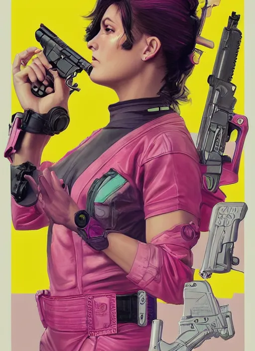Image similar to cyberpunk saleswoman wearing pink jumpsuit and painting a yellow belt fed pistol. advertisement for pistol. cyberpunk ad poster by james gurney, azamat khairov, and alphonso mucha. artstationhq. painting with vivid color, cell shading. buy now! ( rb 6 s, cyberpunk 2 0 7 7 )