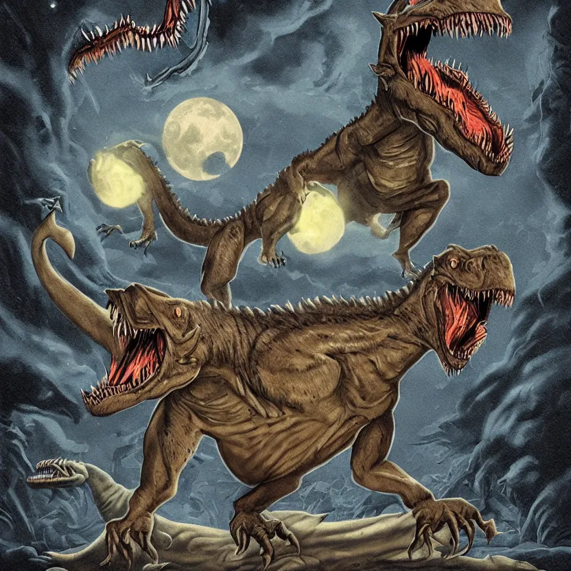 Image similar to werewolf dinosaur hyprid. pulp science fiction horror. dark background