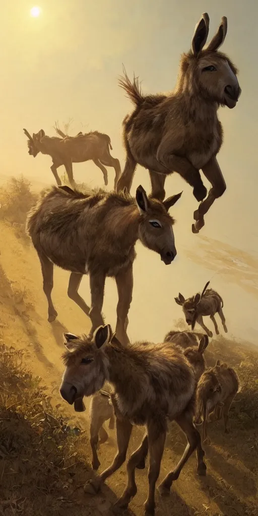 Image similar to wild donkeys roaming in a post - apocalyptic united states, highly detailed, digital painting, artstation, concept art, smooth, sharp focus, illustration, art by artgerm and greg rutkowski and alphonse mucha, 8 k