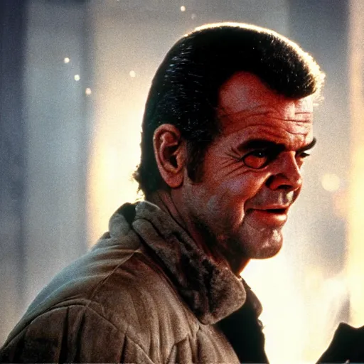 Image similar to 30 year old Jack Nicholson as Rick Deckard on blade runner 1982, movie still, in color, movie frame, light smile, detailed face, symmetrical face, 4k