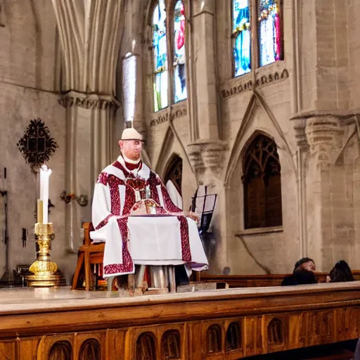 Prompt: Ceremony of a soft ice ice cream on an altar during a Latin Rite Catholic Church Service in a Medieval Cathedral